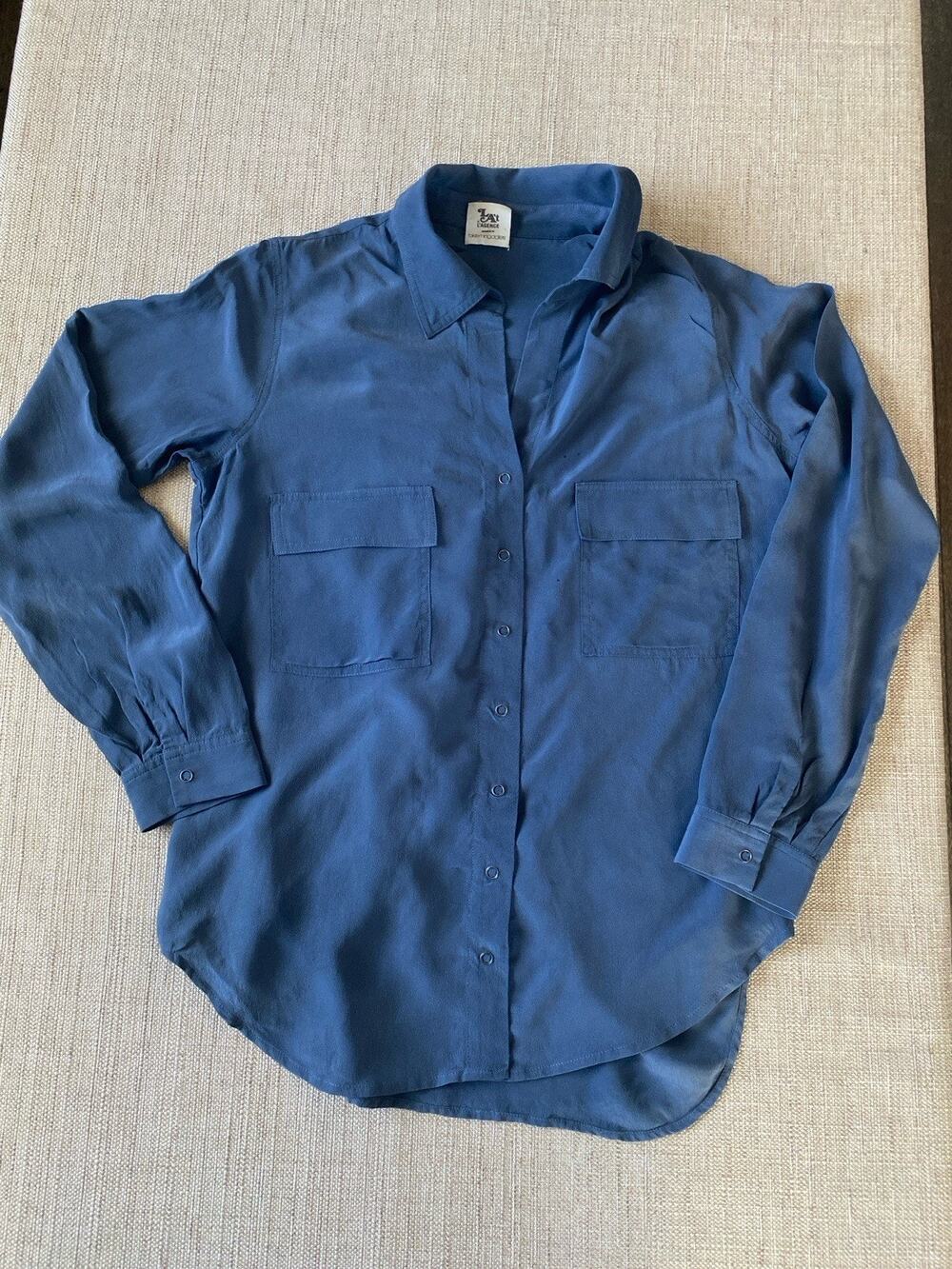 L’Agence Silk Blouse Navy Blue Long Sleeve Two Pocket Size 2